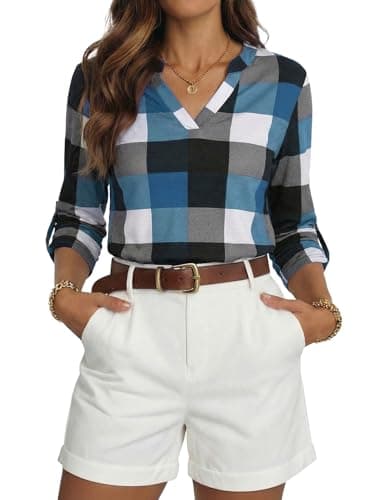 Dokotoo Women's Spring Summer Fashion Casual Ladies Basic Cotton Cuffed 3/4 Long Sleeve Plaid Print V Neck Work Tops Tunic Shirts and Blouses for Women 2026 Sky Blue - Image 1