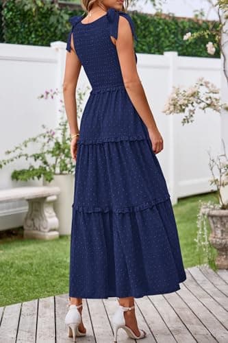 Okiwam Womens Summer Dresses 2026 Sleeveless Tie Strap Maxi Long Flowy Beach Sundresses Boho Swiss Dot Spring Wedding Guest Dress-S Navy - Thumbnail 3