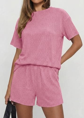 KIRUNDO Two Piece Sets for Women Dressy Casual Ribbed Knit Short Sleeve Top Matching Shorts Lounge Set 2026 Summer Outfits(Pink, Large) - Thumbnail 5
