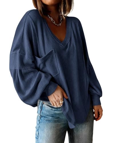 BTFBM Womens Fall Fashion 2026 Long Sleeve Shirts Casual V Neck Ribbed Knit Blouses Pullover Trendy Loose Fit Tunic Tops(Solid Blue, Small) - Image 1