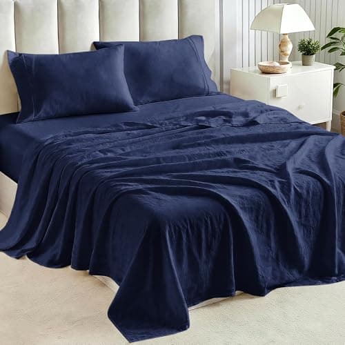 Tokokimo Washed Cotton-Linen Feel 4-Piece King Size Sheet Set for Busy Lifestyles – 10-16" Deep Pocket Bed Sheets with Natural Wrinkles, Quick-Dry, Breathable, Soft, Navy Blue - Image 1