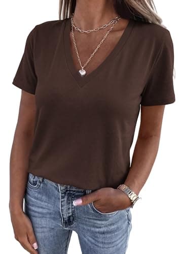 KIRUNDO V Neck T Shirts for Women Summer Tops Oversized Spring Short Sleeve Casual Basic Tees Tunic Blouse Fashion Clothing(Brown, X-Large) - Image 1