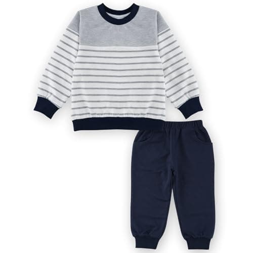 JiuBreeze Toddler Baby Boy Fall Winter Long Sleeve Shirts Set 2-piece Striped Outfit Set (Grey, 2-3T) - Image 1