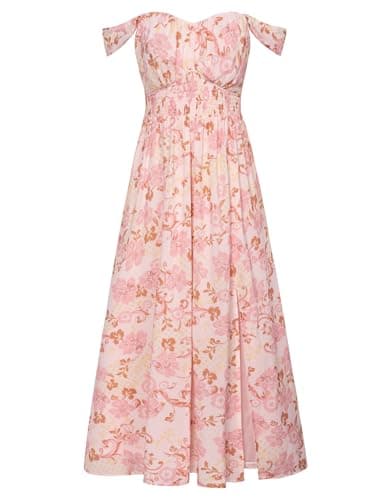 GRACE KARIN Summer Pink Floral Dress for Women 2026,Off the Shoulder Smocked Bridesmaid Dresses,Formal Baby Shower Maxi Dresses XXL - Image 1