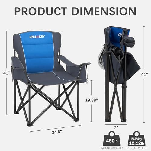 Unisakey Oversized Folding Camping Chair for Adults - 450lbs Support - Heavy Duty Portable Lawn Chairs with Side Pocket Cup Holder Cooler Bag for Sports Garden Beach Fishing, Blue 2 Pack - Thumbnail 3