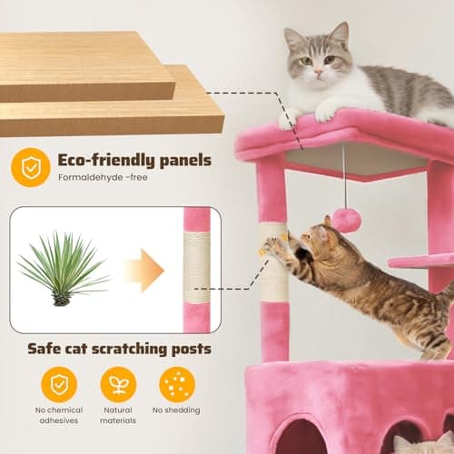 FURFAST Large Cat Tree Tower, 50 Inch Multi-Level Tower Cat Tree for Indoor Cats Large Adult, Cat Tower with Scratching Post, with Climbing Ladder, 2 Cat Caves Bed Cave, Cat Toys, Cat Houses,Pink - Thumbnail 6