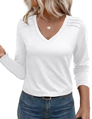 JUSTFASHIONNOW Pleated Long Sleeve Shirts for Women V Neck Dressy Casual Business Blouses Fall Tops 2025 Trendy(White,XX-Large) - Image 1