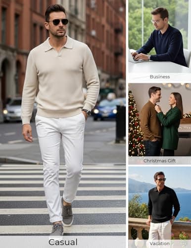 PJ PAUL JONES V Neck Sweater Men Casual Collared Pullover Sweater Long Sleeve Textured Sweater Beige - Thumbnail 2