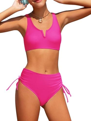 AMAWMW Teen Girls Bathing Suit Bikini Set V-Neck Cutout Swimsuit Two Piece Swimwear for Kids 7-16Y, Hot Pink, 7-8 Years - Image 1