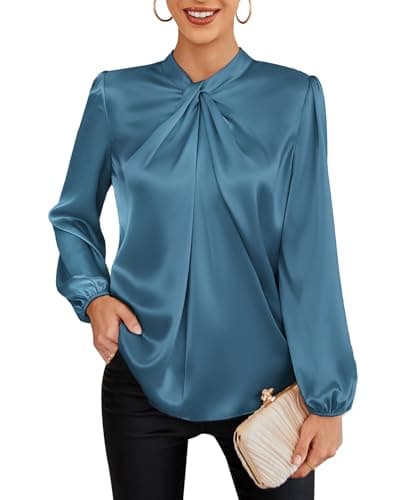 Women's Satin Silk Mock Neck Twist Front Long Lantern Sleeve Blouse Top Shirt Grey Blue L - Image 1