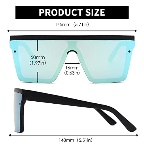 JIM HALO Flat Top Shield Sunglasses Square Mirror Rimless Glasses for Women Men (Black Frame/Mirror Blue Lens) - Thumbnail 5