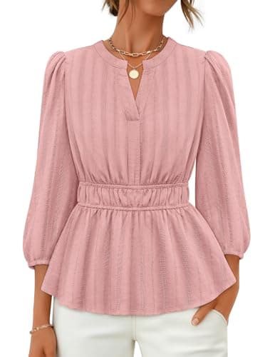 ZESICA Women's 2026 Fall Babydoll Peplum Tops V Neck Puff 3/4 Length Sleeve Shirts Dressy Casual Blouses,Dusty Pink,Medium - Image 1