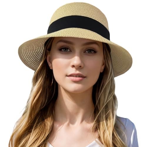 Beach Sun Straw Hats for Women, Summer Sun Protection Foldable Packable Wide Brim Hat,Mixed Beige with Black Bow - Image 1