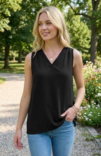 Lepunuo Black Tank Top for Women Textured V-Neck Business Casual Work Office Summer Sleeveless Tee - Thumbnail 2