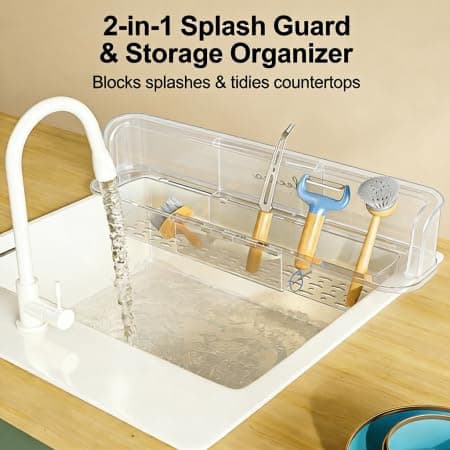 2-in-1 Sink Splash Guard & Storage Organizer, Adjustable Telescopic 14.17-21.85 In/36-55.5cm, Non-Slip Adhesive, Thick Durable Material, Multi-Scene for Kitchen Bathroom to Tidy Countertops - Thumbnail 4