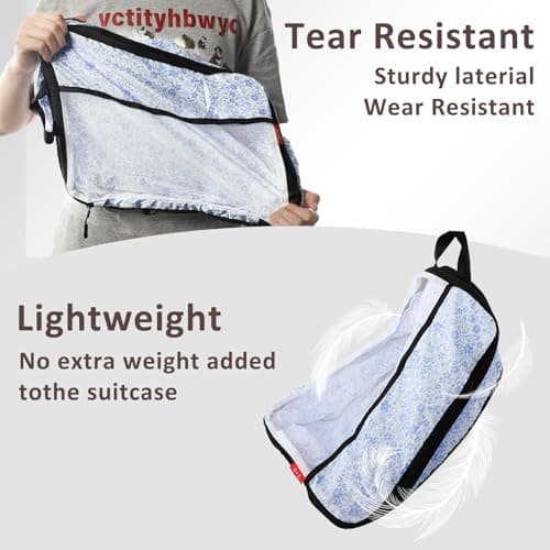 U+U 8 Set Compression Packing Cubes - Ultralight Travel Organizers with Laundry Bag and Cosmetic Bag, Space-Saving Suitcase Organizer for Travel, Business Trip and Family Vacation (Blue Flower) - Thumbnail 5