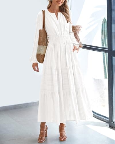 BTFBM Spring Dresses for Women 2026 Casual Long Sleeve V Neck Elastic Waist Lightweight Maxi Wedding Guest Dress Pockets(White, X-Large) - Thumbnail 2