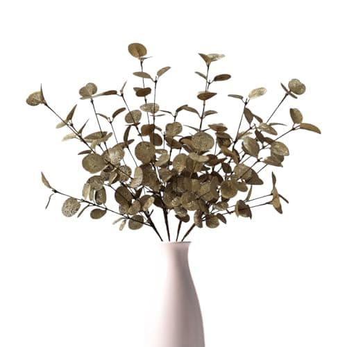 siqifloral 4PCS 24" Champagne Metallic Artificial Eucalyptus Stems – Real Touch Faux Eucalyptus for Vase Decoration, Living Room, Christmas & Holiday Home Decor - Image 1