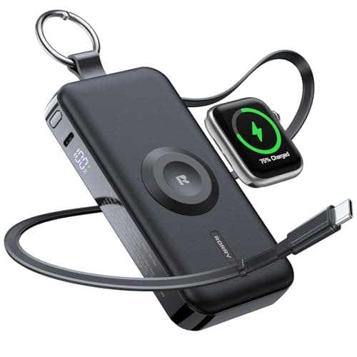 RORRY Portable Charger, 12000mAh 30W Fast Charging Power Bank with Built-in Retractable USB C Cable, Battery Pack with Keychain, Travel Essentials for iPhone, Apple Watch, iPad, Black - Image 1