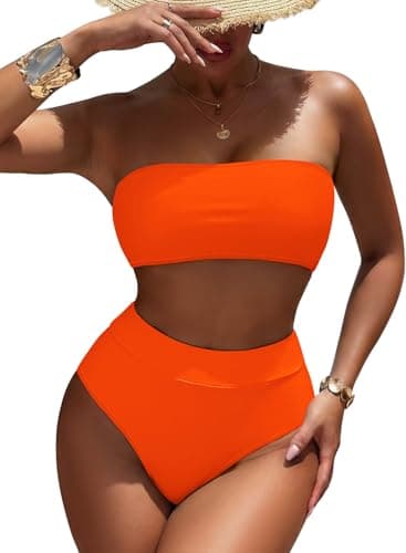 Pink Queen Women's 2 Piece Plus Size High Waisted Swimsuit Bandeau Bikini Top High Leg Sexy Bathing Suit Orange 2XL - Image 1