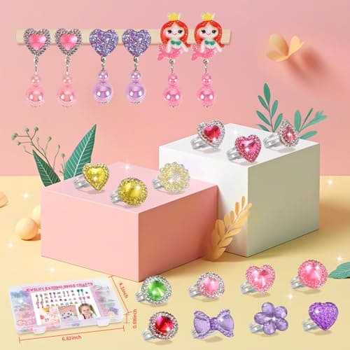 Toddler Girl Toys for Ages 5-7 Jewelry,34pcs Girls Toys Age 6-8 Clip on Earrings for Girls age 8-10 Kids Princess Toy Adjustable Ring Girl Toy Age 3 4 5 6-8 Year Old Birthday Christmas Gifts - Thumbnail 5