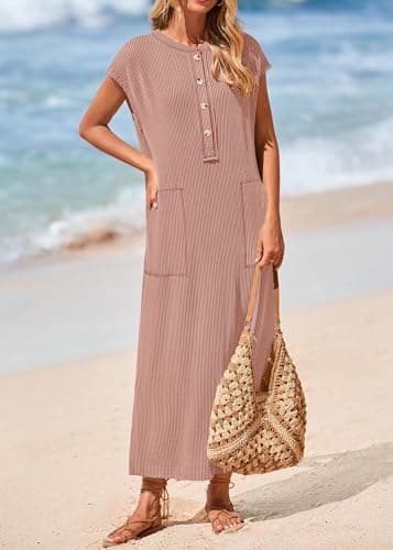 KIRUNDO Womens Summer Dresses 2026 Spring Ribbed Knit Henley Short Sleeve Maxi Dress Button Up Loose Beach Vacation Sundress(Light Brown, XX-Large) - Thumbnail 4