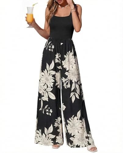 KIRUNDO Jumpsuits for Women Dressy 2026 Summer One Piece Sleeveless Boho Floral Wide Leg Romper Beach Vacation Cruise Outfits(Black White Flower, Large) - Image 1