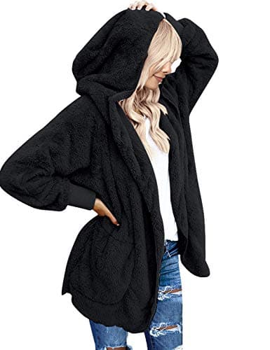LookbookStore Womens Cardigan 2026 Winter Oversized Open Front Fleece Hooded Draped Pockets Jacket Coats Black X-Large