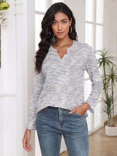 COCOMARTS Womens Waffle Knit V Neck Tops Long Sleeve Henley Shirts Casual Blouses Fall Winter Outfits 2025 Trendy Clothes Purple White Large - Thumbnail 2
