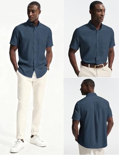 PJ PAUL JONES Mens Shirt Short Sleeve Business Casual Shirts Slim Fit Button Down Dress Shirt Deep Blue - Thumbnail 4