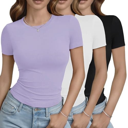 GAYHAY 3 Pack Basic Tees for Women - Crew Neck Slim Fit Tight T Shirts Cute Y2K Trendy Crop Tops Clothes for Casual Summer 2026 Black White Purple - Image 1