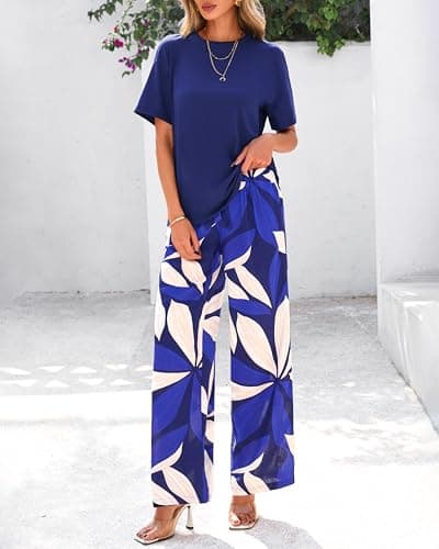 PRETTYGARDEN Women Summer 2 Piece Outfits 2026 Short Sleeve Knit Top Floral Print Belted Wide Leg Pant Sets With Pockets(Dark Blue Floral,Medium) - Thumbnail 6