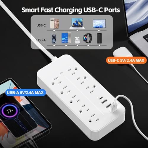 Flat Extension Cord 25 ft, Extra Long Cord Power Strip with 8 Outlets 4 USB Ports, Under Carpet, Multiple Outlets Overload Protection for Indoor, Home, Office, Dorm Room Essentials, White - Thumbnail 5