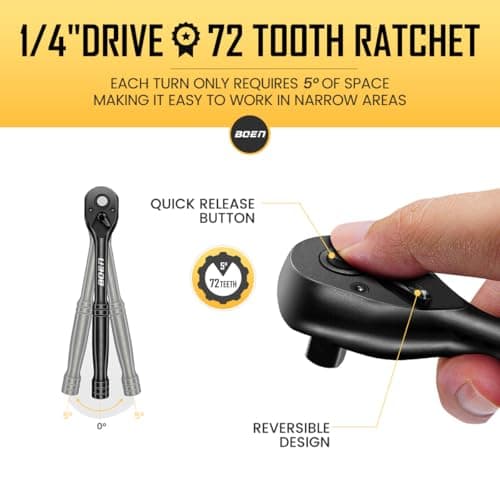 BOEN 1/4" Drive Metric Impact Socket Set, 66-Piece (4-14mm) Deep & Shallow Kit, Includes 5-15mm Swivel Sockets, 72T Ratchet Handle, 2", 4", 6" Extension Bar, Adapters, Universal Joint & Impact Bit - Thumbnail 4