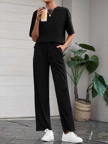 BTFBM Summer Outfits For Women 2026 Two Piece Sets Casual Short Sleeve Spring Tops Wide Leg Pants Matching Lounge Set(Black, XX-Large) - Thumbnail 5