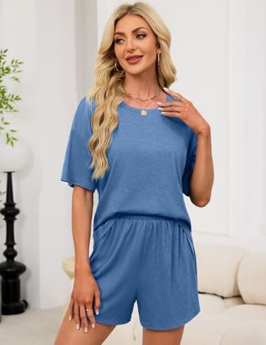 JUSTFASHIONNOW Pajama Shorts Set for Women 2 Piece Short Sleeve Lounge Sets Sleepwear Comfy Split Short Pajama Set Soft Summer Outfits Loungewear Pj sets Blue L - Thumbnail 3