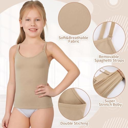 iMuchic Camisole Tank Tops for Girls, Stretch Undershirts Comfortable Camis with Clear Straps and Silicone Cover (US, Alpha, Large, Regular, Regular, Beige) - Thumbnail 6