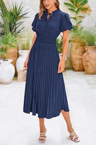 PRETTYGARDEN Summer Long Dresses for Women Puff Short Sleeve V Neck Swiss Dot Pleated A Line Casual Flowy Party Midi Dress (Navy,Large) - Thumbnail 5