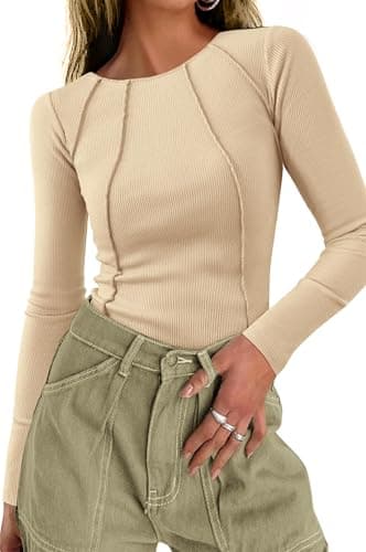 KIRUNDO Ribbed Long Sleeve Tops for Women Stretch Slim Basic Crop Tee Exposed Seams 2026 Spring Fall Fashion Trendy Tshirt(Apricot, Small) - Image 1
