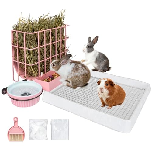 BESNEW 3 in 1 Rabbit Hay Feeder with Litter Box,Upgraded Metal Hay Rack & Litter Tray & Water Bowl,Quick Cleaning,Easy to Install,Bunny Supplies for Rabbit Guinea Pig Chinchilla Small Animals