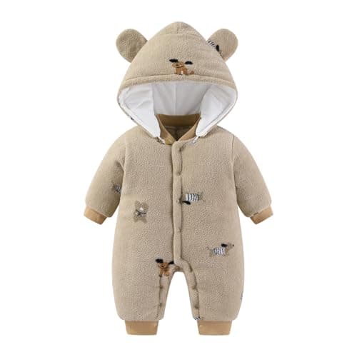 JiAmy Baby Snowsuit Newborn Animal Printed Outfits Infant Baby Fleece Detachable Hat Winter Clothes Jumpsuit Brown Dog 0-3 Months - Image 1