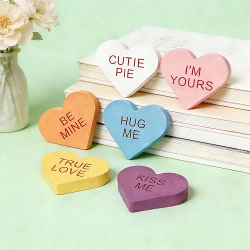 6 Pack Wooden Conversation Hearts Decor - Valentine Mantel Decor,Heart Signs for Home Shelf, Tiered Tray, Fireplace & Office Decorations - Image 1