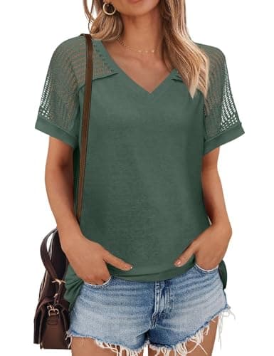JUSTFASHIONNOW Cute Summer Tops for Women 2025 Trendy Short Sleeve Shirts V Neck Vintage Tees Casual Ladies Blouses Spring Outfits Green S - Thumbnail 2