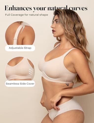 COMFELIE Seamless Wire-Free Minimizer Bra, Full Coverage V-Neck Breathable Bra with Adjustable Straps for Full-Figured Women Nude - Thumbnail 2