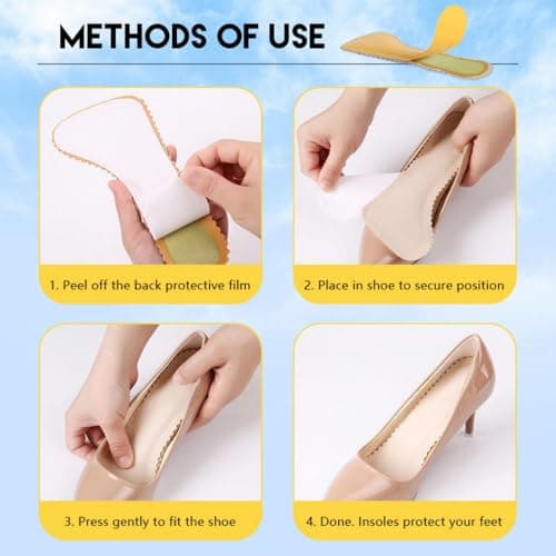 XINIFOOT High Heel Inserts for Women, 4 Pairs 3/4 Invisible Self-Adhesive Cushion Insoles with Low Arch Support, Prevent Foot Slipping for Dress Shoes, Sandals, Flats & Boots (Black + Beige) - Thumbnail 4