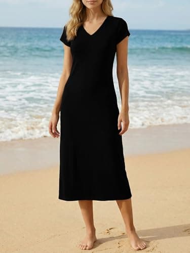 Wenrine Womens Short Sleeve T-Shirt Dress Summer V Neck Basic Solid Casual Long Midi Dresses Black - Thumbnail 2