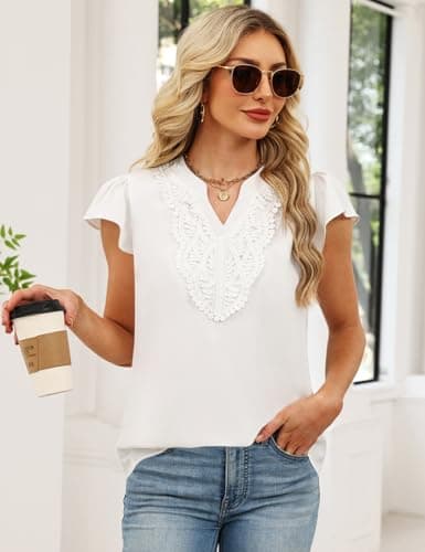 CiCiBird Boho Tops for Women Dressy Casual V Neck Blouses Summer Short Ruffle Sleeve Shirts White Medium - Thumbnail 5