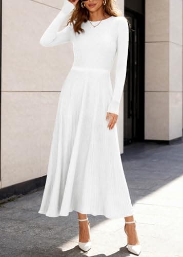 KIRUNDO Women Sweater Dress Holiday Ribbed Knit Long Sleeve Slimming Maxi Dress Fall Pleated Elegant A Line Winter Dresses(White, Medium) - Thumbnail 6