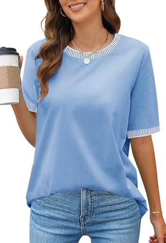 MEROKEETY Women's Summer Tops 2026 Short Sleeve Casual Trendy Striped Color Block T Shirts Loose Blouse, LightBlue, XL - Image 1