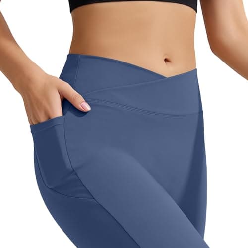 AMLEER Women's V Waist Side Split Wide Leg Yoga Leggings - High Waisted Crossover Stretchy Workout Flare Yoga Pants（Pigeon Feather, Small Grayish Blue - Thumbnail 4